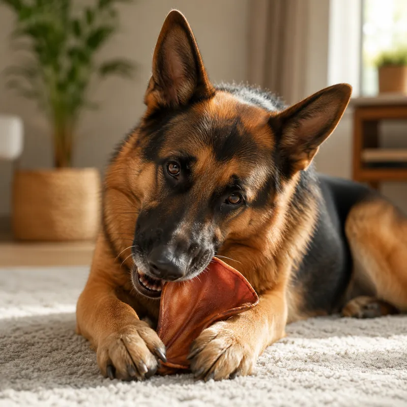 German shepherd chewing a Bonya Smile pig ear