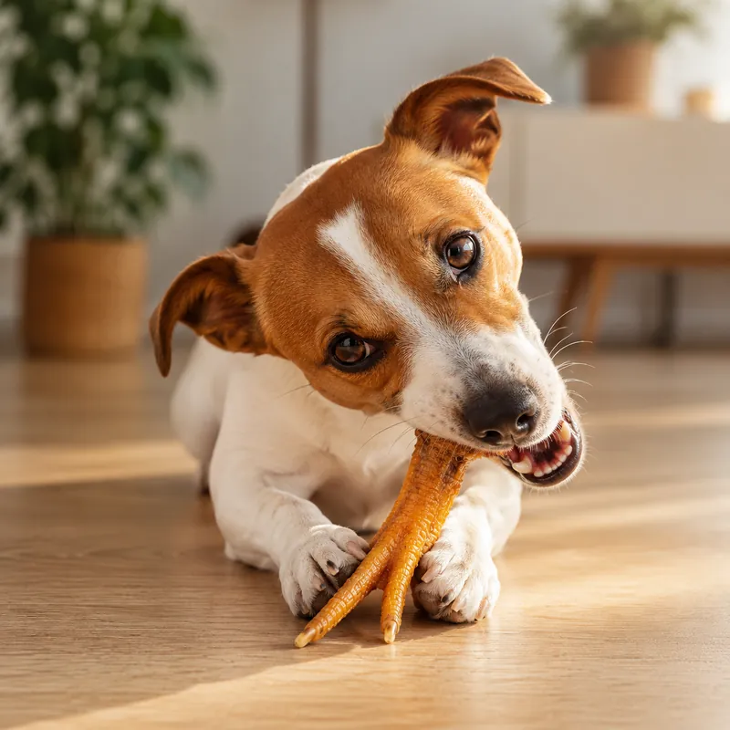 Jack Russell terrier chewing a Bonya Smile chicken foot