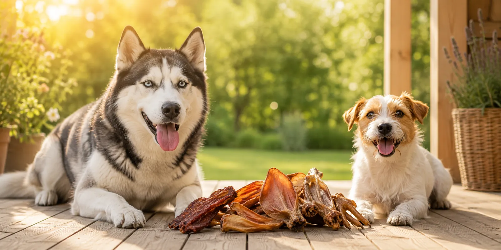 Husky and terrier on a sunny porch with a pile of Bonya Smile natural chews